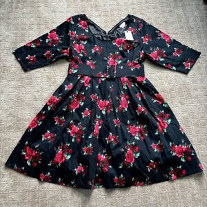 City Chic Retro Dress Women XL / 22 Black Vintage Rose Belted Stretch Cotton 50s